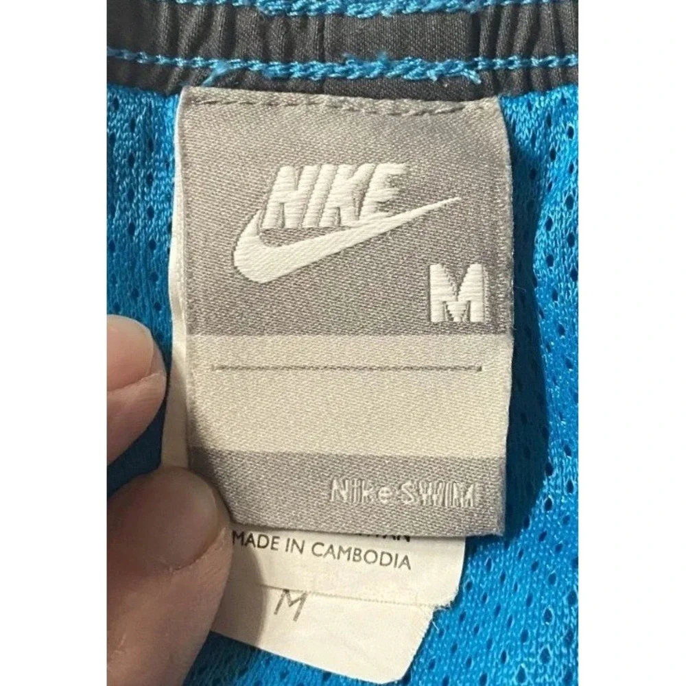 Nike Swim Trunks Shorts Men Medium Blue Black Mesh Lined Embroidered Swoosh Logo